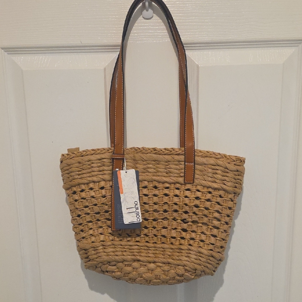 Woven Straw Tote Bag with Brown Leather Handles